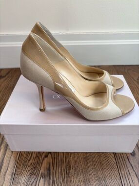 Jimmy Choo Peep Toe Pump Nude Sand Canvas Sz 38.5